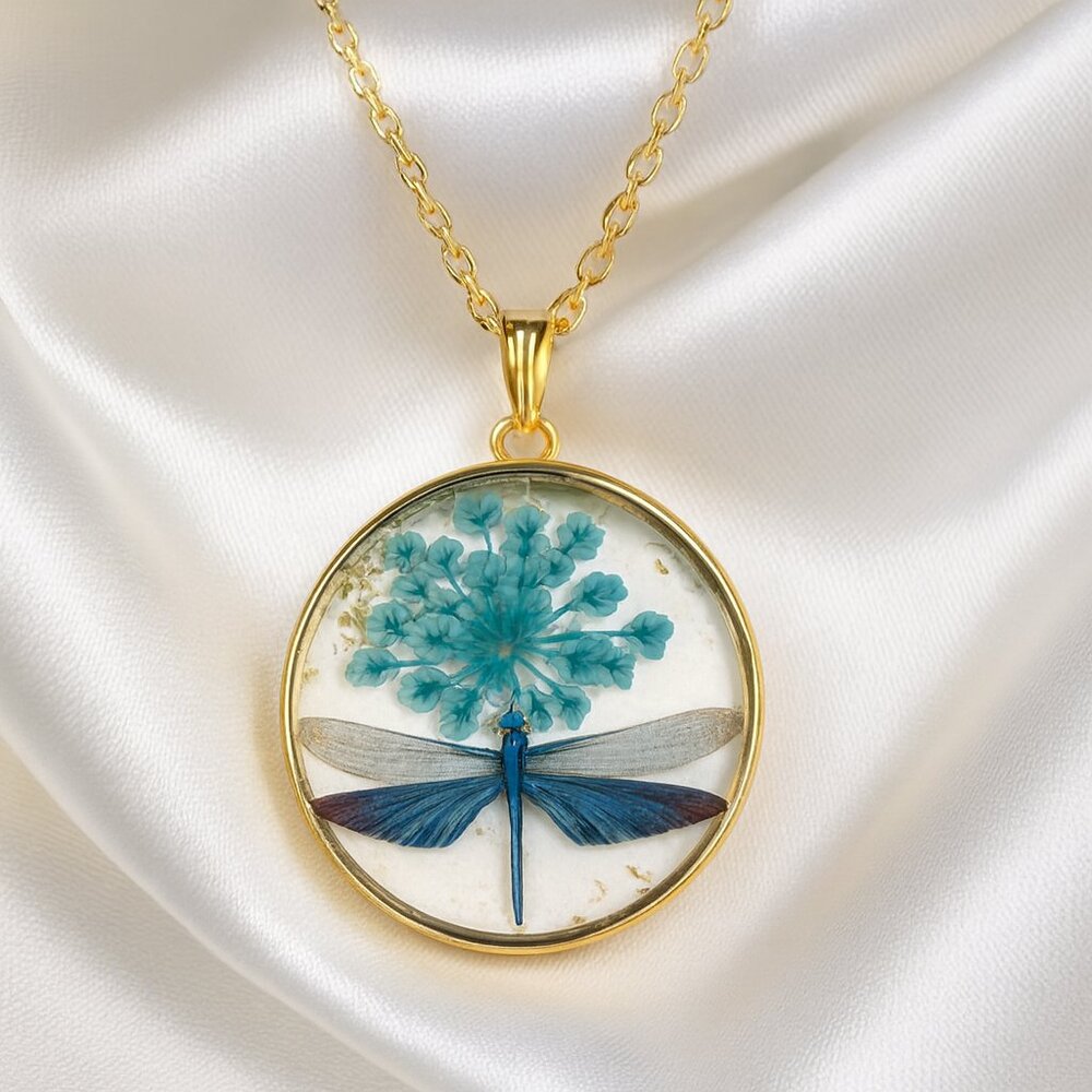 Gold Dragonfly Pendant Necklace with Preserved Floral - Resin Women's Jewelry